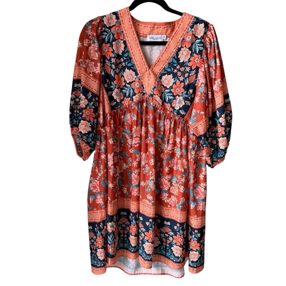 Chic V-Neck Floral Midi Dress in Coral, Pink, and Navy
